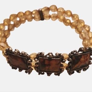 Vintage Stretch Pale Yellow Victorian Angel Beaded Bracelet with Silver Accents